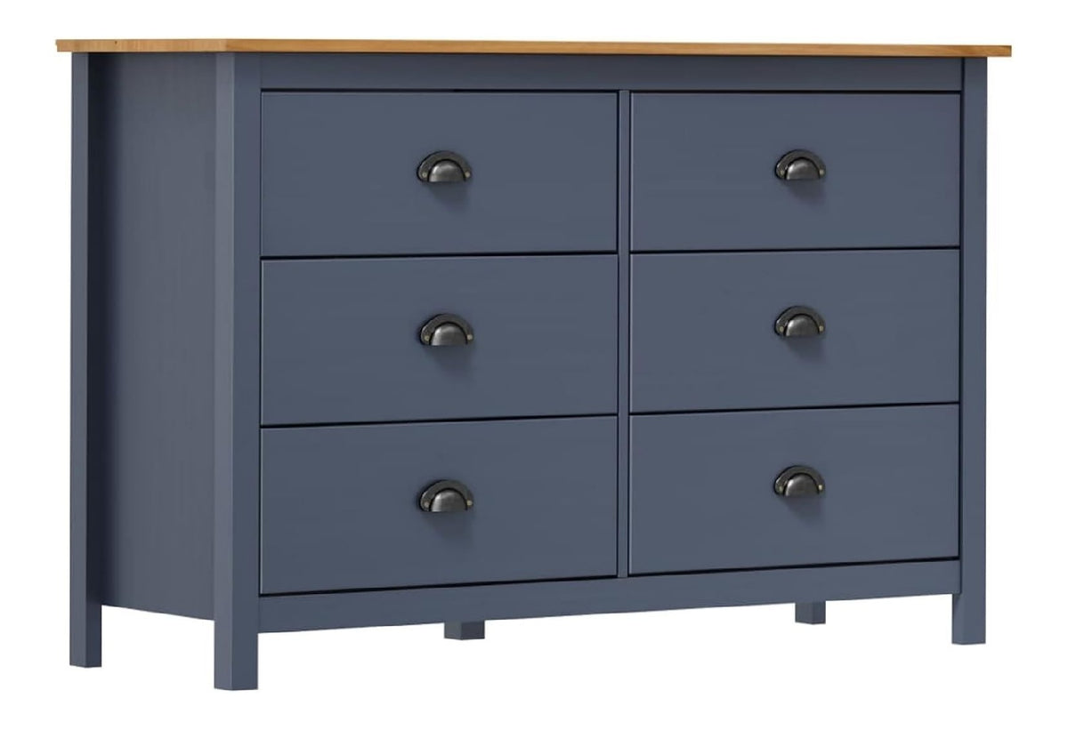 Sideboard aus massivem Kiefernholz, grau und honigbraun, 125 cm breit, 6-ladiges Aufbewahrungsmobel fur modernes Wohnzimmer