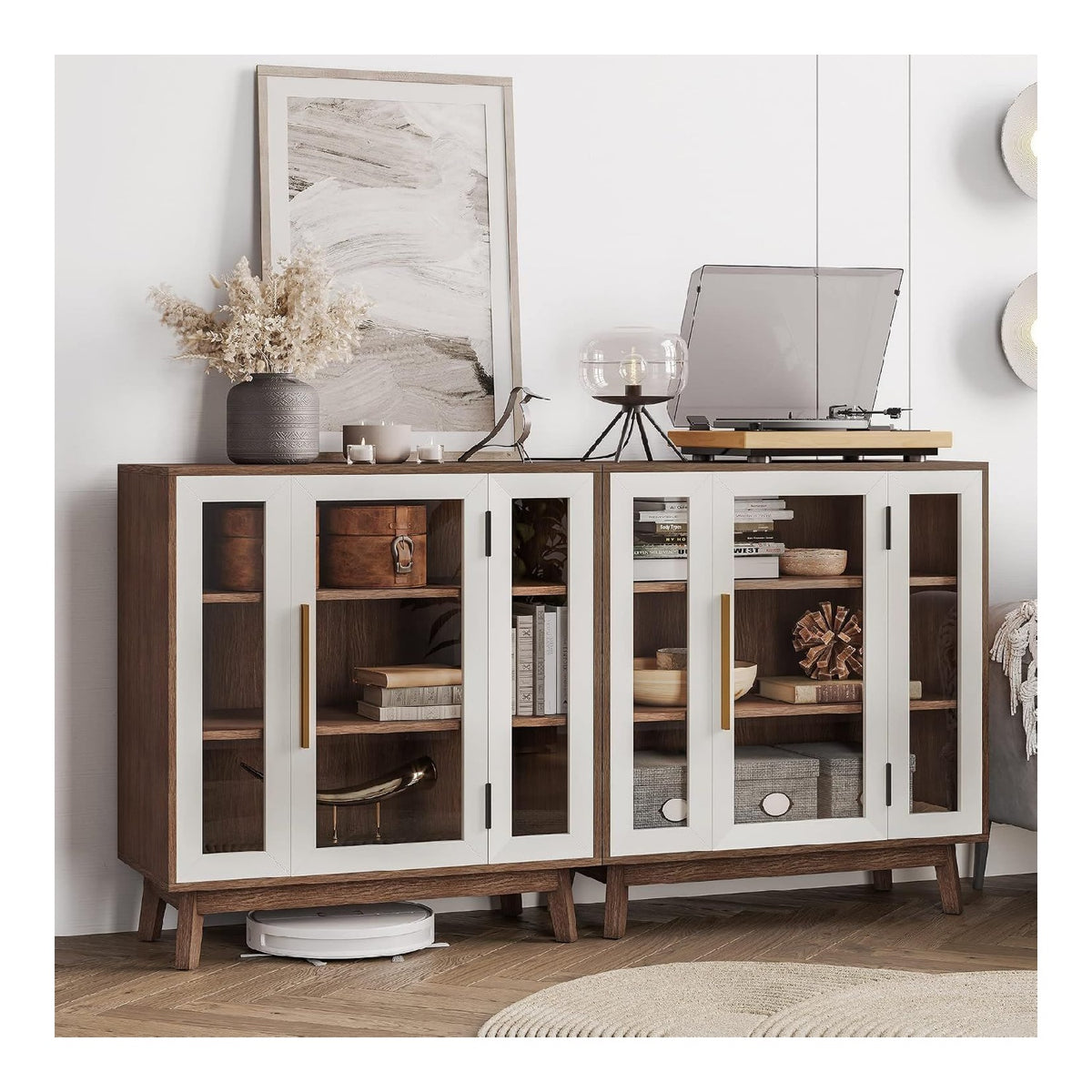 BELLEZE 2er Set Sideboard 78.7 cm Buffetschrank mit 3 Etagen Regalen und Glasvitrine, Konsolentisch Aufbewahrung/Speisekammerschrank, Kaffeebar fur Wohnzimmer, Eingangsbereich - Wei