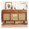 Sideboard Nussbaumfarben Mit 3 Schubladen Und 3 Schiebeturen, Kommode Stehend Mit Rattangeflecht Und Stauraum, Anrichte Sideboard Aus MDF Fur Wohnzimmer Esszimmer