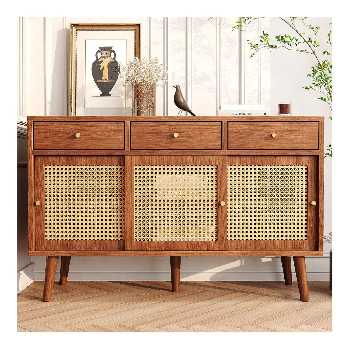 Sideboard Nussbaumfarben Mit 3 Schubladen Und 3 Schiebeturen, Kommode Stehend Mit Rattangeflecht Und Stauraum, Anrichte Sideboard Aus MDF Fur Wohnzimmer Esszimmer