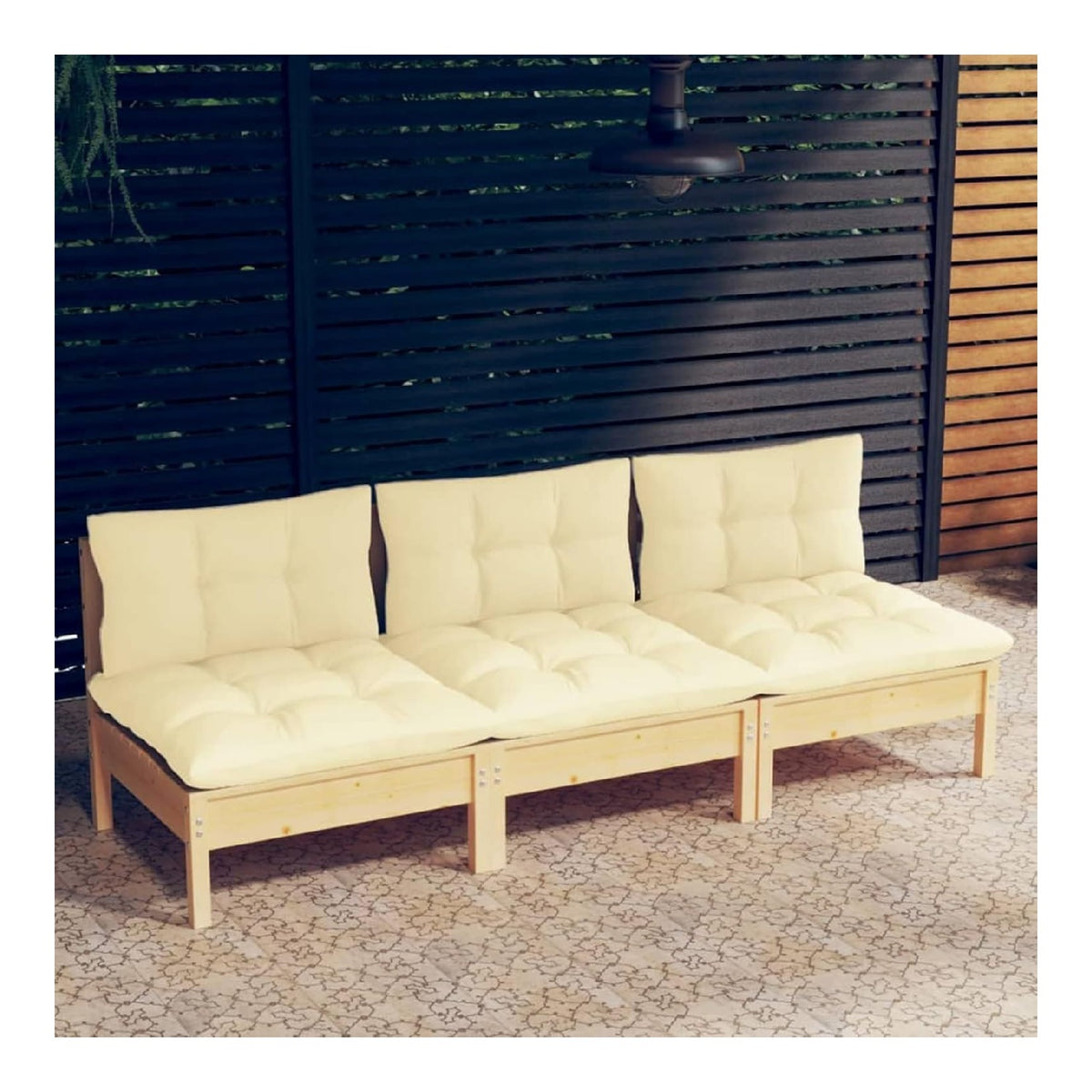 Gartensofa 3-Sitzer mit Kissen, cremefarben, massives Kiefernholz, Sofas fur den Au enbereich, fur den Garten, Sofa fur die Terrasse, Gartenmobel