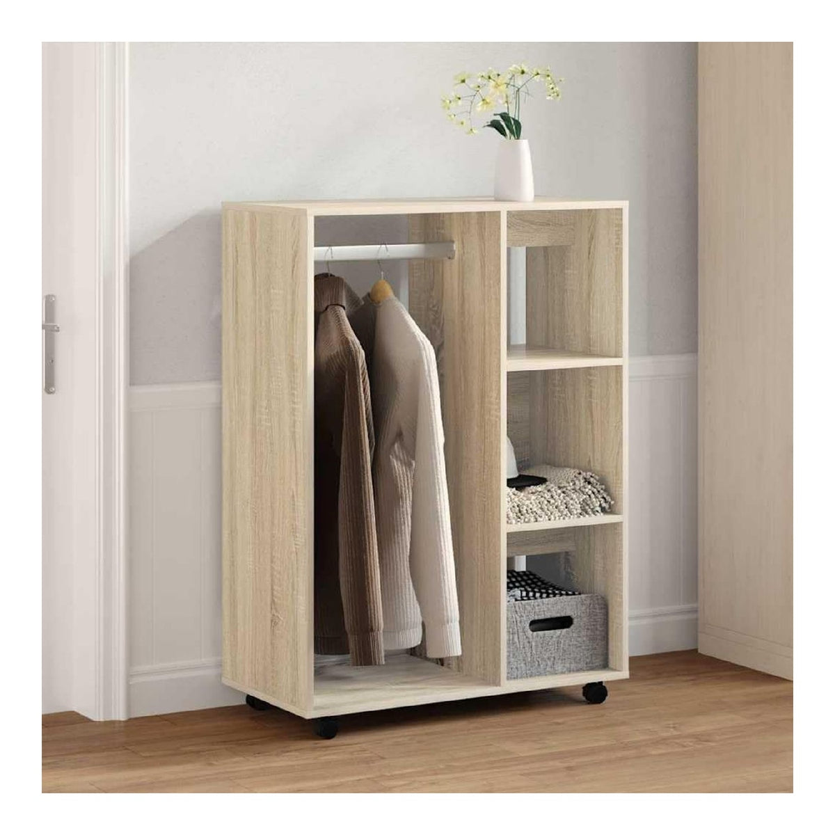 Kleiderschrank Sonoma-Eiche 80x40x110 cm Holzwerkstoff Kleiderstander mit viel Stauraum, Garderobe mit Rollen, Garderobenstander Garderobenschrank, Rauchereiche