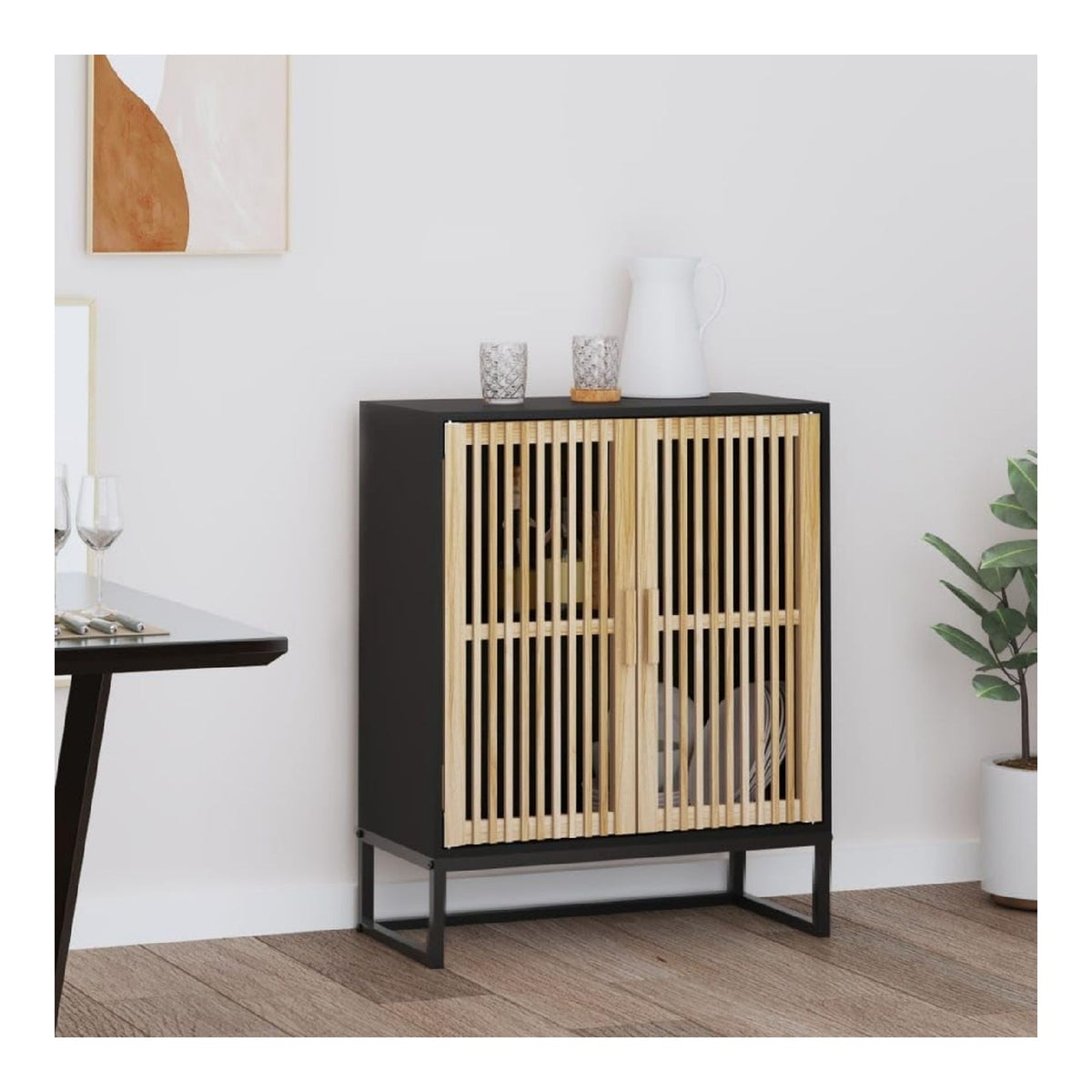 Sideboard Schwarz 60x30x75 cm Holzwerkstoff mit Holzturen, stabiles Eisenbein, vielseitiger Stauraum fur Wohnzimmer, Flur, Kuche, abschlie bar, modernes Design fur Ordnung und Prasentation