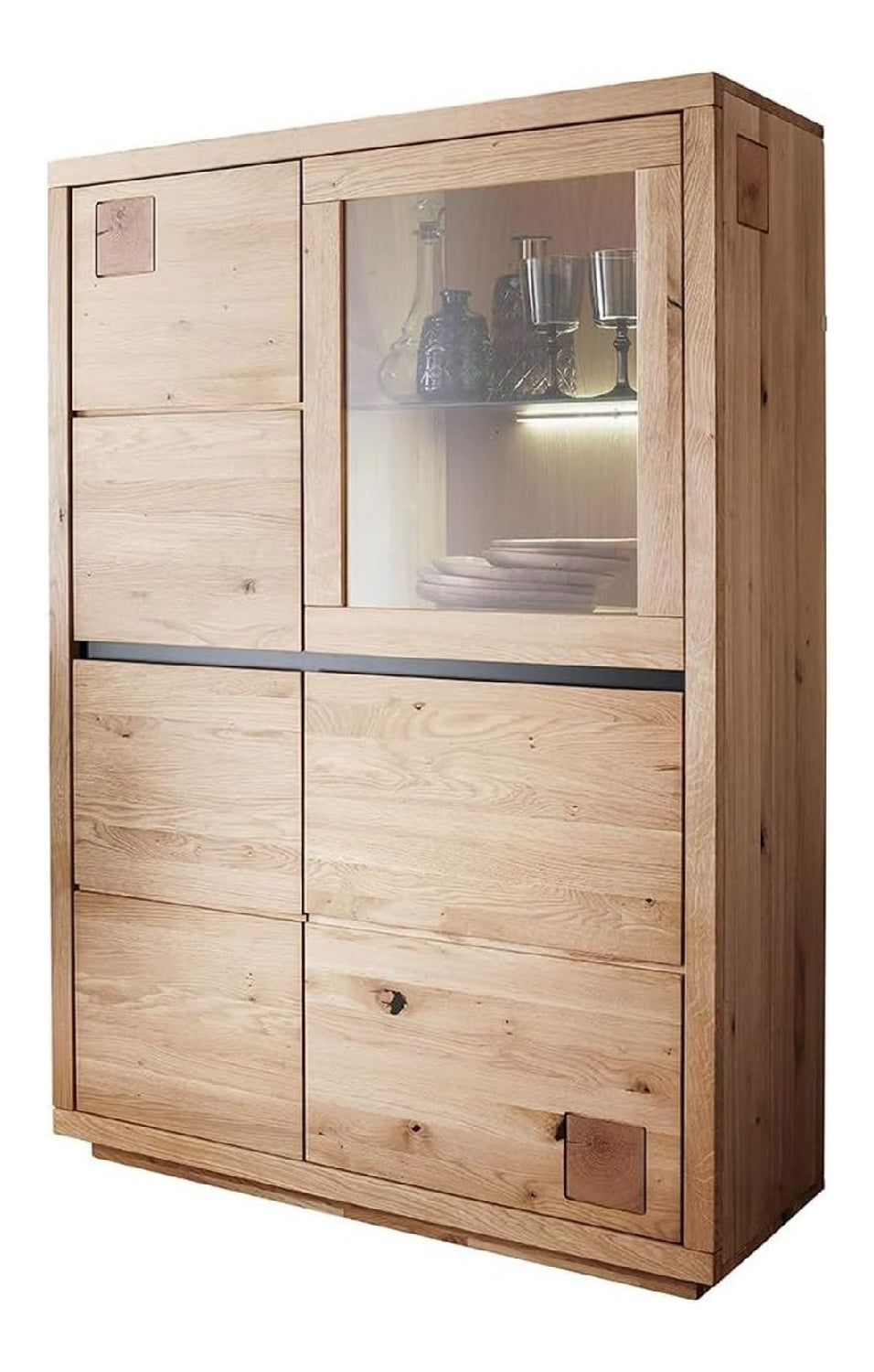 Hochkommode 103 cm breit Kommode Vitrinenschrank Wohnwimmerschrank Schrank Wohnzimmermobel Eiche massiv geolt